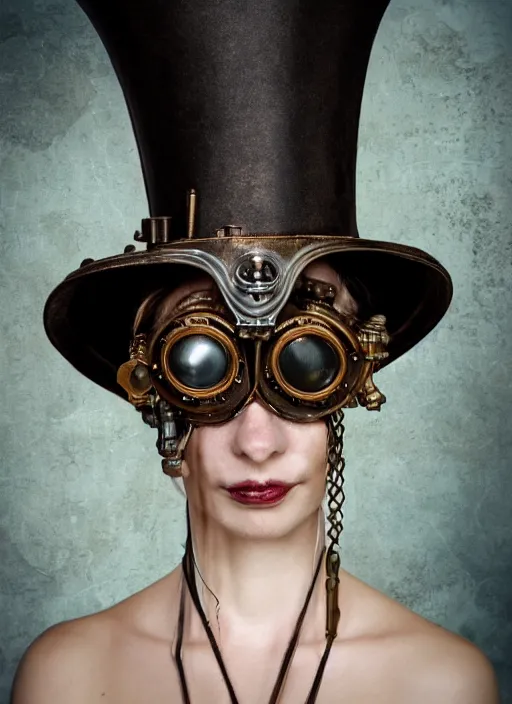 Prompt: closeup portrait of a female steampunk medieval goblin wearing a top hat and goggles, depth of field, zeiss lens, detailed, symmetrical, centered, fashion photoshoot, by Annie Leibovitz and Steve McCurry, David Lazar, Jimmy Nelsson, Breathtaking, 8k resolution, extremely detailed, beautiful, establishing shot, artistic, hyperrealistic, beautiful face, octane render