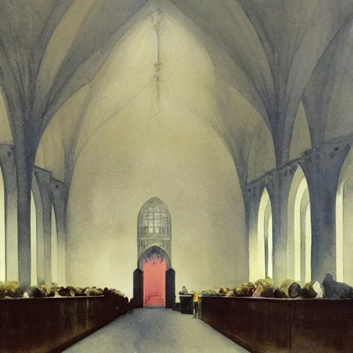 Image similar to procession of women in a gothic temple, dripping watercolor by gottfried helnwein, by hammershøi, highly detailed, art nouveau wallpaper, lights by edward hopper, liminal, eerie, pastel colors, limited palette