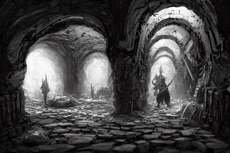 Image similar to black and white one point perspective hellscape dungeon cozy fantasy dungeon hallway view with pit in the middle of the ground by artgerm and Craig Mullins, James Jean, Andrey Ryabovichev, Mark Simonetti and Peter Morbacher 16k