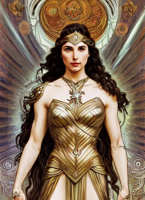 Image similar to Gal Gadot as God of Beauty, cute, fantasy, intricate, elegant, highly detailed, digital painting, 4k, HDR, concept art, smooth, sharp focus, illustration, art by alphonse mucha,artgerm, H R Giger