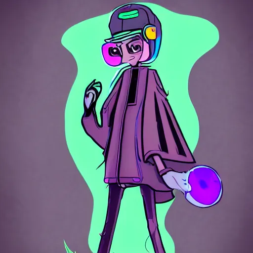 Prompt: character designs for a fashionable nonbinary icon wearing a large gothic manta ray cloak, sells empty spray paint cans as a scam and is always covered in paint, always acting delightedly shady, designed by splatoon nintendo, inspired by tim shafer psychonauts 2 by double fine, cgi, professional design, gaming