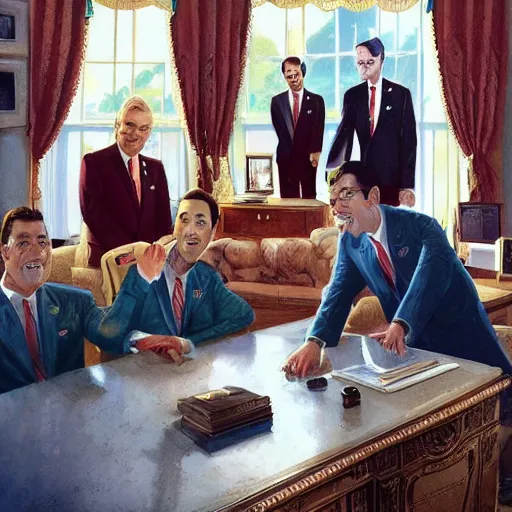 Prompt: gumby on his first day as president of the united states, in the oval office with vice president pee wee herman, extremely detailed, claymation, artgerm greg rutkowski greg hildebrandt tim hildebrandt