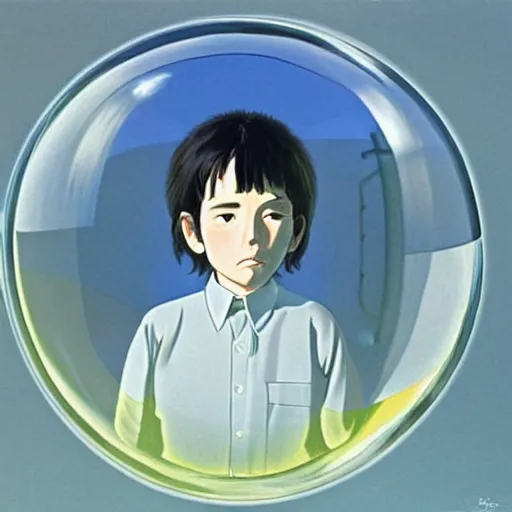 Image similar to hyperrealist, studio ghibli dull colors portrait from close encounters of the third kind 1 9 7 7 of a young scientist standing in a bubble temple.