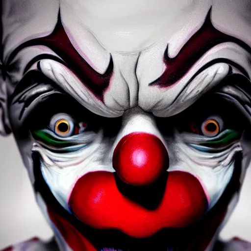 Prompt: close - up of a creepy clown, concept art, digital art, highly detailed