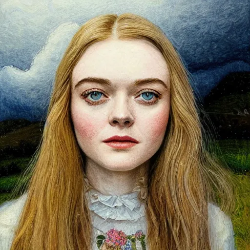 Prompt: professional painting of Elle Fanning in the style of Myles Birket Foster, head and shoulders portrait, symmetrical facial features, smooth, sharp focus, illustration, intricate, stormy weather, extremely detailed masterpiece,