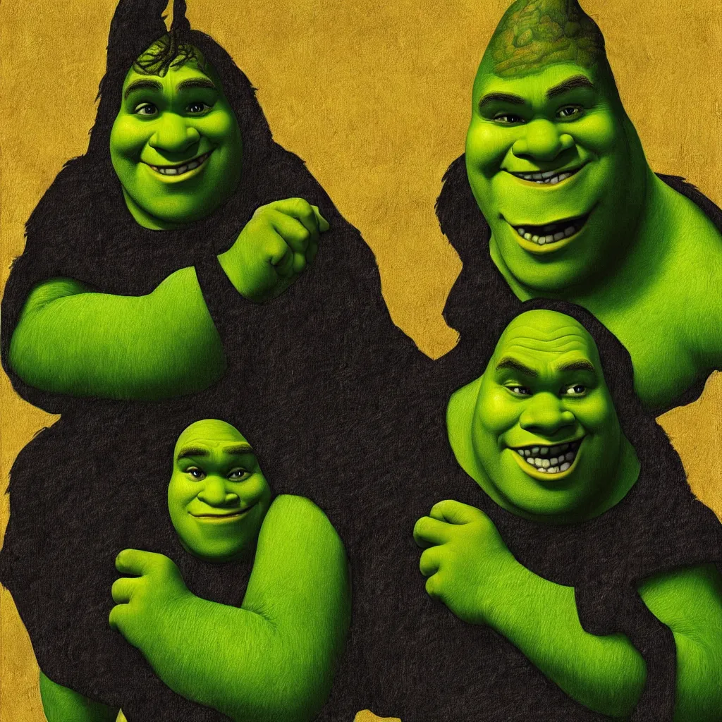 Prompt: Shrek painted in the style of the mona lisa