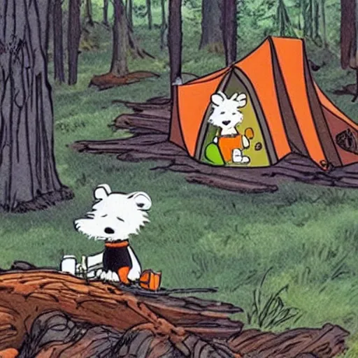 Prompt: Calvin and Hobbes camping in the forest