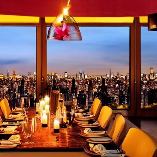 Prompt: beautiful glowing candle - lit dinner with wine bottle overlooking the new york city skyline