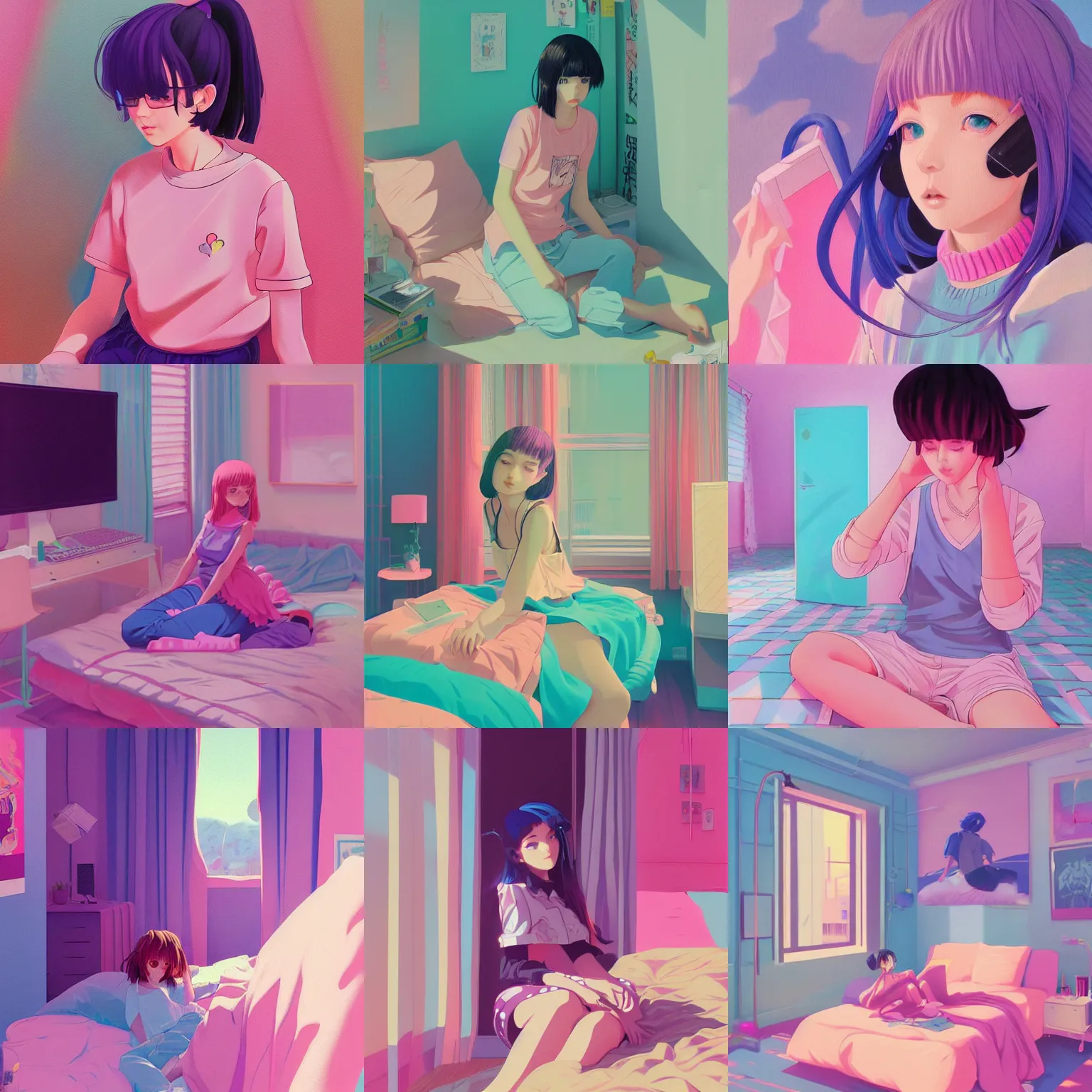 Prompt: retro 9 0 s, lofi girl aesthetic of a girl in her room, pastel vaporwave colors, anime, hyperrealistic painting, by stanley twardowicz, ilya kuvshinov, rossdraws