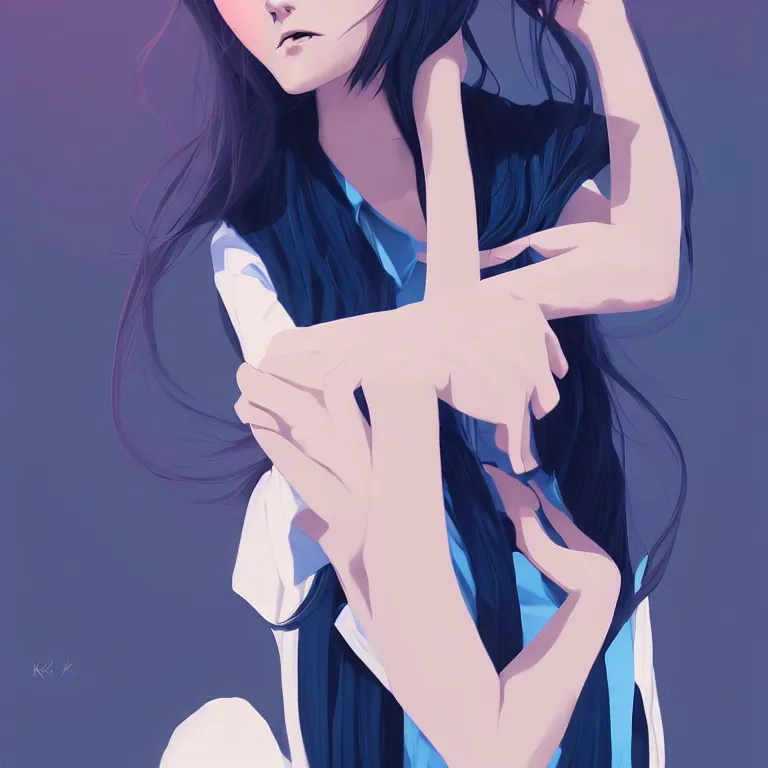 Image similar to urban high school girl in shirt fanart, dark blue long hair, muted colors, matte print, pastel colors, ornate, digital art, digital painting, fan art, elegant, artstation, by Ilya Kuvshinov