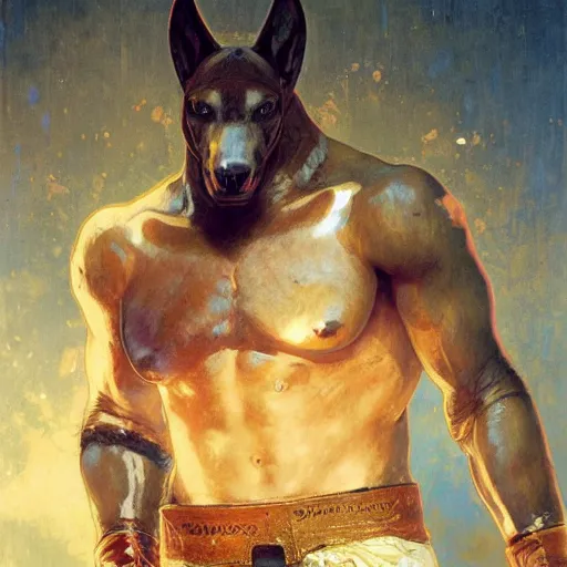 Prompt: anubis as a boxer ready to take on the world champ, 4 k, trending on artstation, by gaston bussiere, craig mullins, artgerm, greg rutkowski, alphonse mucha