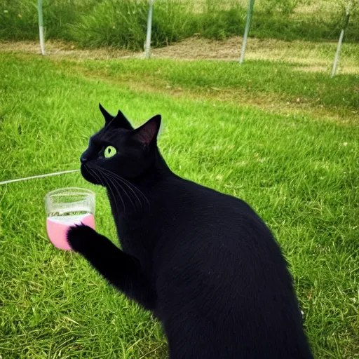 Prompt: photo of a black cat drinking water