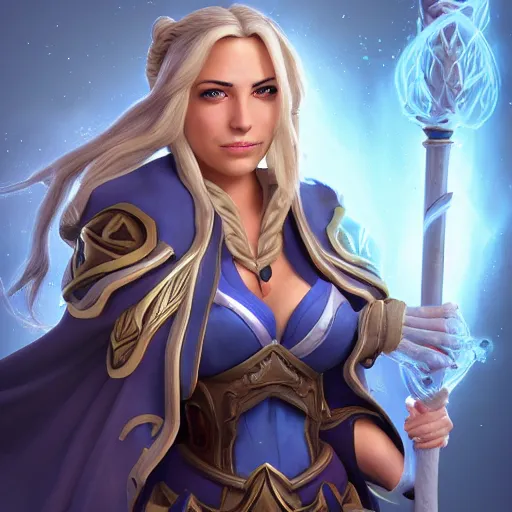 Prompt: A full body portrait of Jaina Proudmore (World of Warcraft) holding an arcane staff. 3d render, octane render, game art, realistic, highly detailed, trending on artstation, 4k, trending on artstation, pixar, cgsociety, unreal engine 5, redshift render, trending on artstation, blender, behance, cg