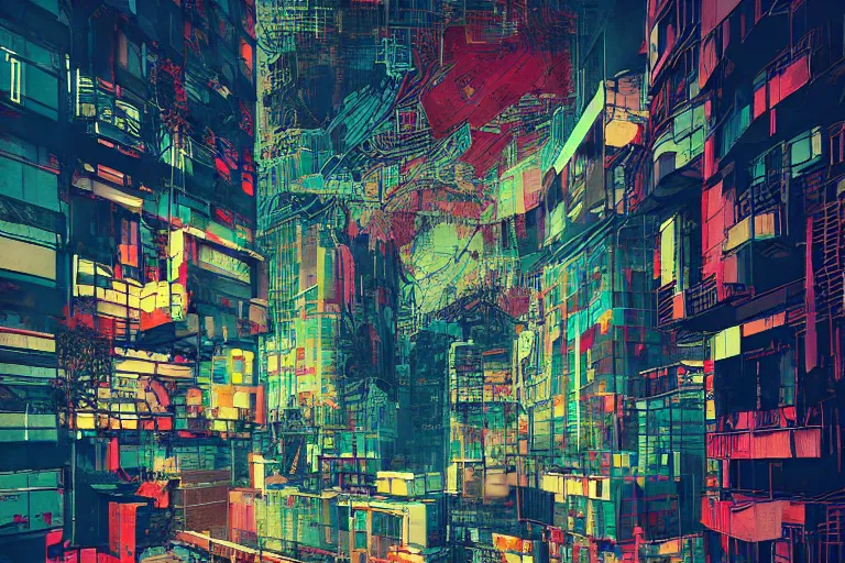 Image similar to architecture collage by atelier olschinsky, cyberpunk, (high contrast), ((oversaturated)), grafitti paint, bokeh, dof