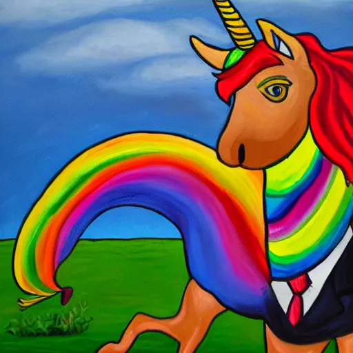 Image similar to a painting of donald trump riding a rainbow unicorn