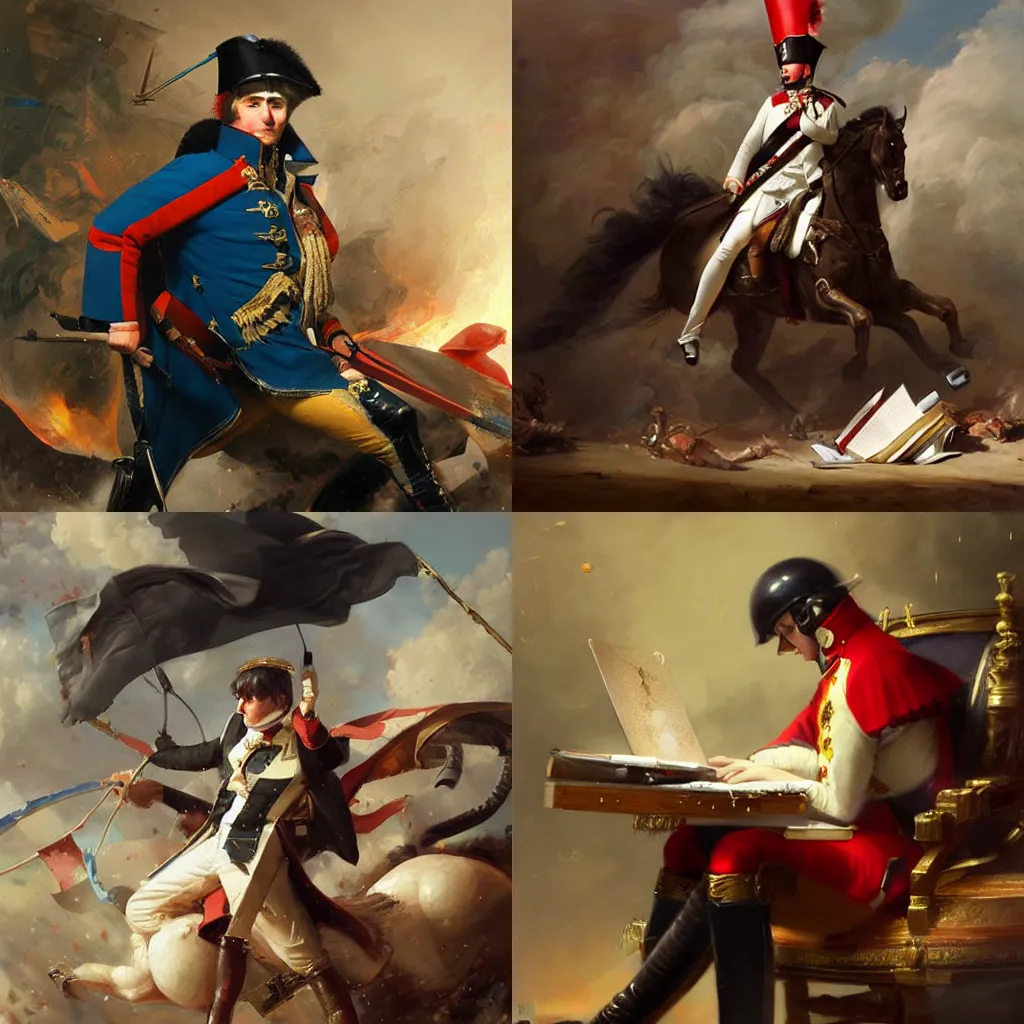 Prompt: Napoleon Bonaparte smashing his laptop after losing, painting by krenz cushart, wlop,