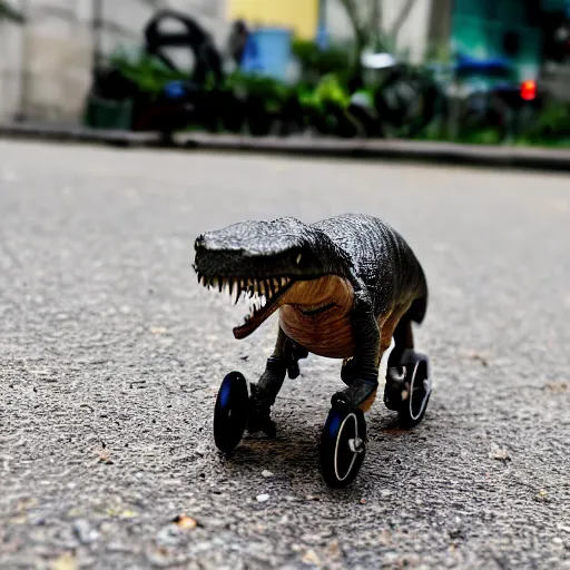 Image similar to a macrophoto of a tiny t - rex on a tricycle, sidewalk, photography, depth of field,