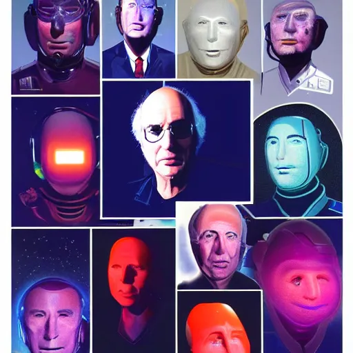 Image similar to celestial Larry David, facial portrait, retro-futuristic, legendary epic shot, 90s make-up, galaxy space hunter, cyber implants, wires, low angle, dawn, by syd mead , airbrush, science fantasy, 90s ad, concept art, realistic matte painting, Smooth gradients, octane render, 8k, High contrast, duo tone, depth of field, volumetric lightning, very coherent, symmetrical, skin pore detail