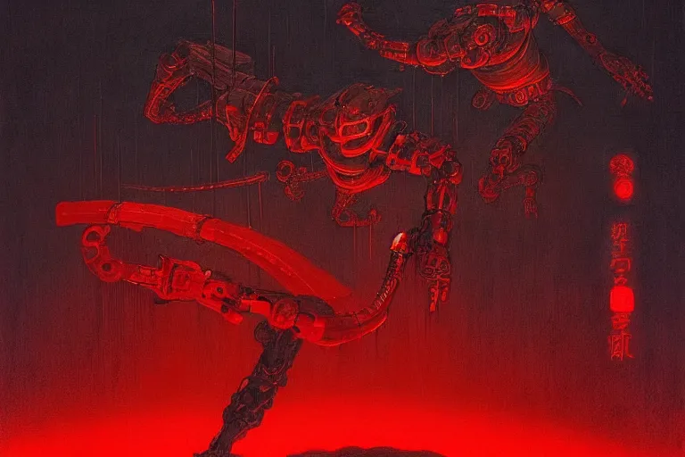 Image similar to only with red, a red cyborg samurai, tokio futuristic in background, some evil yokai fight, in the style of beksinski, parts by edward hopper, parts by rodcenko, parts by yue minjun, intricate and epic composition, red by caravaggio, insanely quality, highly detailed, masterpiece, red light, artstation, 4 k