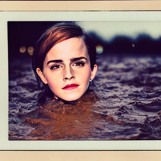 Image similar to night time, emma watson rising out of muddy vietnam river, face covered in mud, low camera angle at water level, night time, dark, polaroid, 2 0 0 mm zoom,