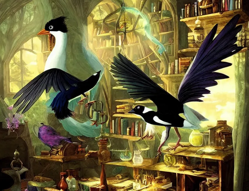 Image similar to magical magpie in an alchemist's study. this matte painting by the beloved children's book illustrator has a beautiful composition, dramatic lighting.