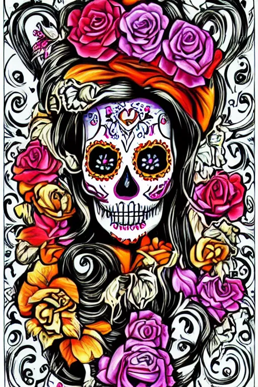 Image similar to illustration of a sugar skull day of the dead girl, art by don ed hardy