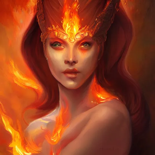 Prompt: A beautiful painting of a flame goddess by Andrews Esao, fantasy, Trending on artstation.