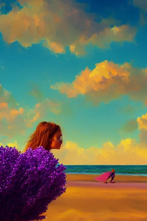 Prompt: closeup, giant lilac flower head, girl on beach, surreal photography, golden hour, colorful clouds, impressionist painting, digital painting, artstation, simon stalenhag