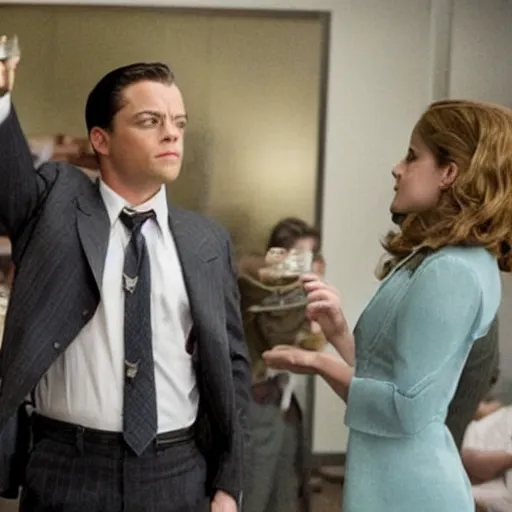 Image similar to emma watson in wolf of wall street. imax movie still.