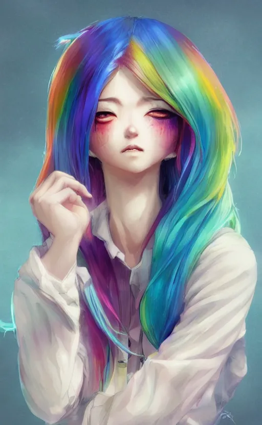 Image similar to a kawaii woman with rainbow hair, soft eyes and narrow chin, dainty figure, long hair straight down, kawaii shirt and jeans, basic white background, In style of by Jordan Grimmer and greg rutkowski, crisp lines and color