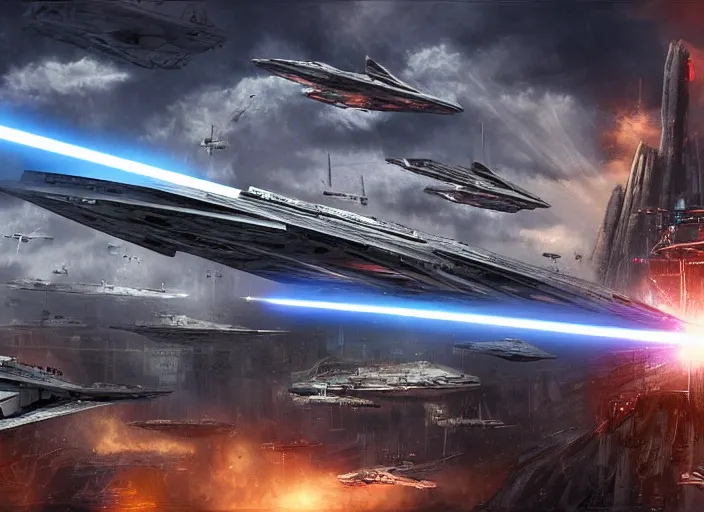 Image similar to a large spaceship seen from the surface of a busy metropolis, star wars digital art