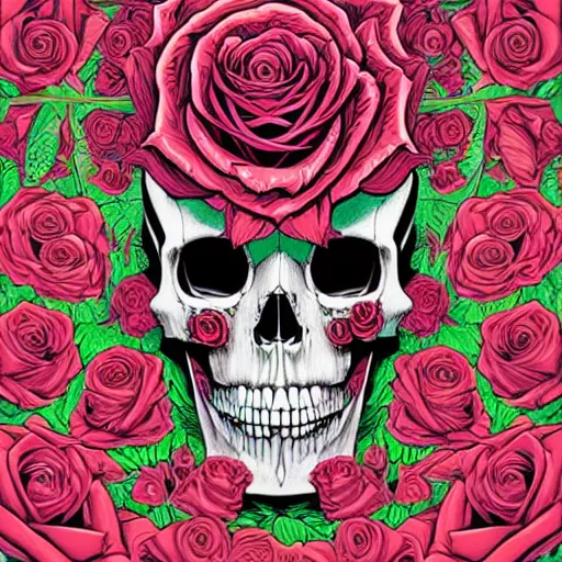 Image similar to ortographic view of a large skull and vivid roses by Jen Bartel and Dan Mumford and Satoshi Kon, gouache illustration