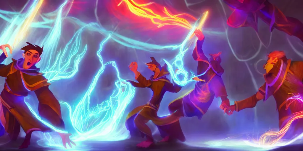 Prompt: brother mages, they are in front of a desk working on a new spell that is casting out flowing energy, colorful, flowing energy, light rays, medium shot, waist up, sharp, concept art, highly detailed, bloom, dramatic lighting, cinematic, by dreamworks