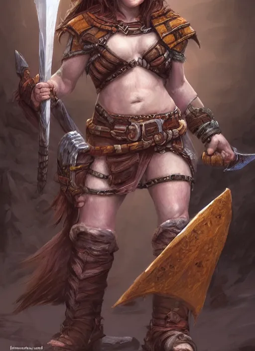 Prompt: midget female barbarian, ultra detailed fantasy, dndbeyond, bright, colourful, realistic, dnd character portrait, full body, pathfinder, pinterest, art by ralph horsley, dnd, rpg, lotr game design fanart by concept art, behance hd, artstation, deviantart, hdr render in unreal engine 5