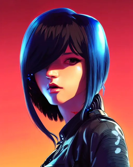 Image similar to a comic potrait of a cyberpunk cyborg girl with big and cute eyes, fine - face, realistic shaded perfect face, fine details. night setting. very anime style. realistic shaded lighting poster by ilya kuvshinov katsuhiro, magali villeneuve, artgerm, jeremy lipkin and michael garmash, rob rey and kentaro miura style, trending on art station