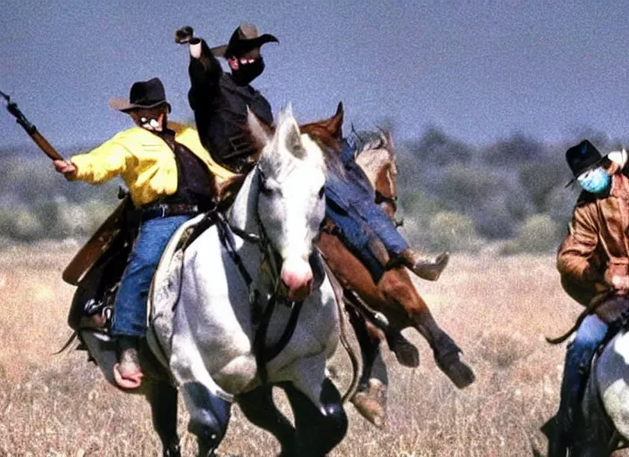 Image similar to a cowboy horse chase vigilantes with face masks disguise, shoot out, exploding horse wide shot, from the hit 1 9 9 0 s tv show on tnt