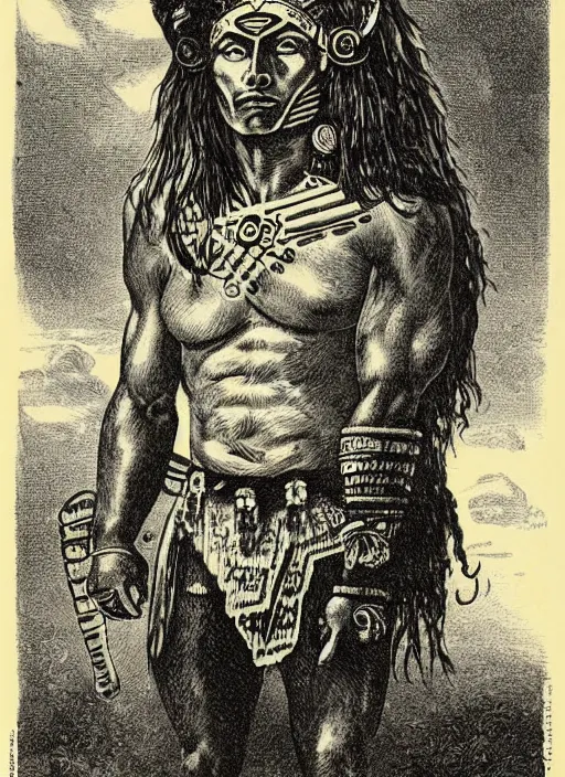 Prompt: 19th century wood-engraving of a very muscular Mayan warrior ghost with long hair punching air, whole page illustration from Jules Verne book titled Stardust Crusaders, art by Édouard Riou Jules Férat and Henri de Montaut, frontal portrait, high quality, beautiful, highly detailed, removed watermarks
