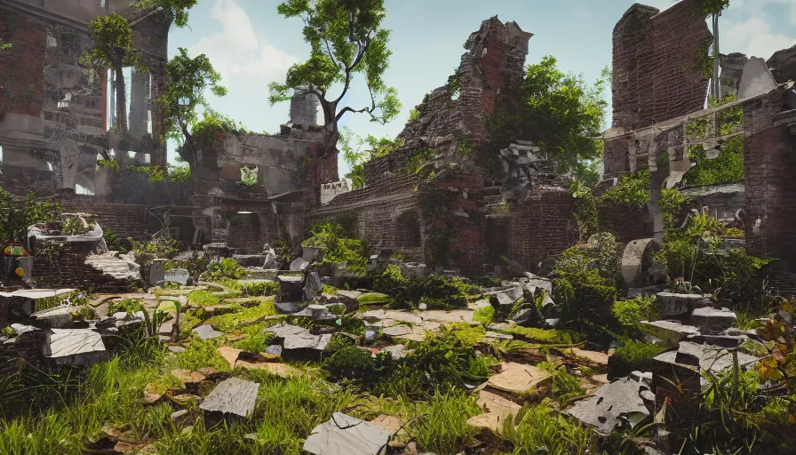 Image similar to craft garden built in destroyed washington dc's ruins, sunny day, hyperdetailed, artstation, cgsociety, 8 k