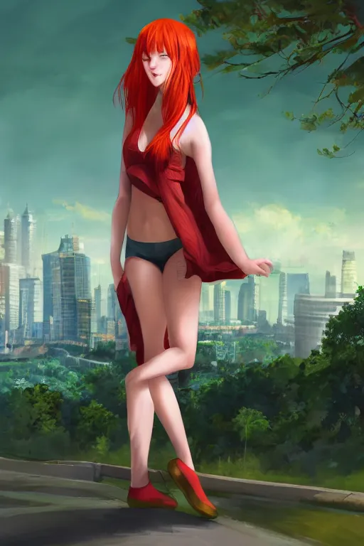 Image similar to beautiful cute red haired joyful and playful nineteen year old maiden standing up in casual green clothing with a modern city in the background, long hair, cute pose, athletic body, rpg character, sci - fi, fantasy, intricate, elegant, digital painting, artstation, concept art, smooth, 8 k frostbite 3 engine, ultra detailed