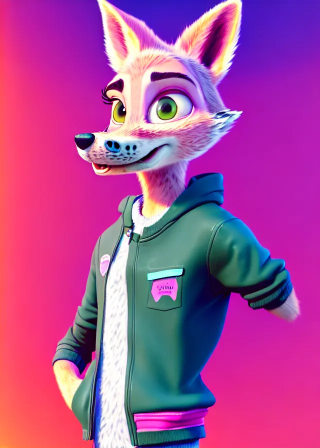 Image similar to portrait of a cute male boy with pink hair and pink wolf ears and freckles stylish clothes in a city in the style of zootopia, disney, volumetric lighting, subsurface scattering, photorealistic, octane render, random artists