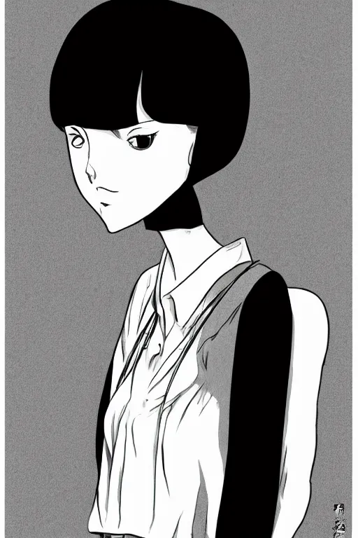 Image similar to portrait of a girl in long pants and a top, hands in pockets, eyes closed, bob haircut, digital art, black and white, lineart by junji ito and kaoru mori