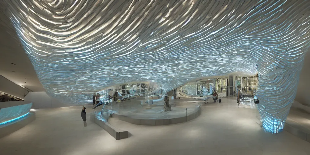 Image similar to extremely detailed stunning curvilinear museum interior with water centered sculpture piece and led strips