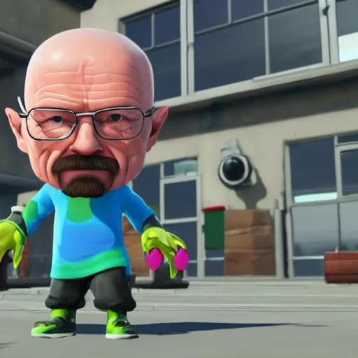 Image similar to walter white as a splatoon inkling, wide shot, in game screenshot, unreal engine, high definition