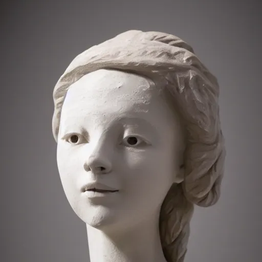 Prompt: sculpture of a beautiful girl in white clay cinematographic rendering
