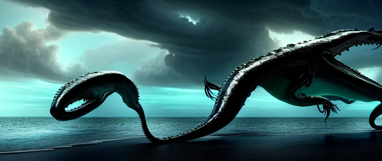 Prompt: a stunning cinematic extreme wide shot of an slick sleek smooth translucent halitrephes maasi sea monster wearing clothes made of seaweed on a dark stormy beach, with huge luminous sad eyes, sharp claws, cgsociety, hd octane render, fantasy, artstation, deviantart, furaffinity, very very clean, super smooth, thunderclouds, thunderstorm