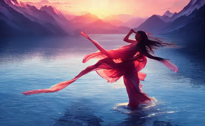 Image similar to Himalayan priestess dancing on water, beautiful flowing fabric, sunset, dramatic angle, 8k hdr pixiv dslr photo by Makoto Shinkai and Wojtek Fus