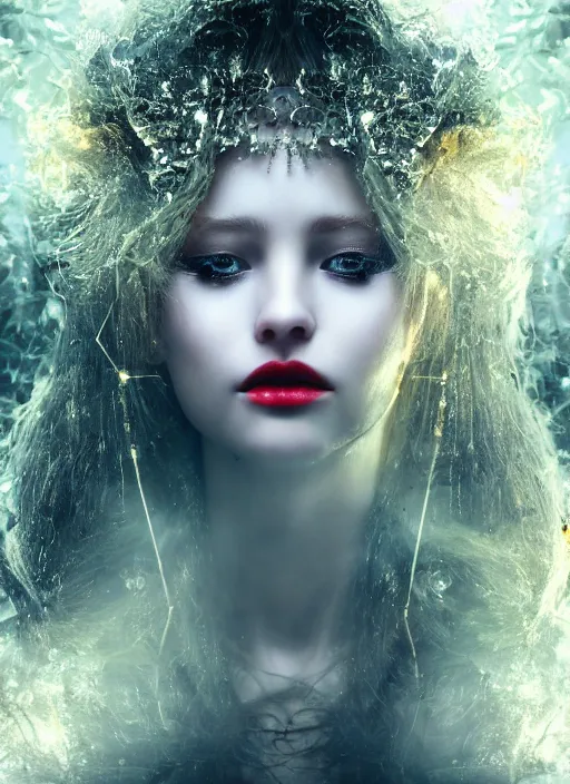 Image similar to glowing silver and golden elements, full close-up portrait, young female model from as a dark witch, book cover, green forest, white moon, red lips, establishing shot, extremly high detail, photo-realistic, cinematic lighting, pen and ink, intricate line drawings, by Yoshitaka Amano, Ruan Jia, Kentaro Miura, Artgerm, post processed, concept art, artstation, matte painting, style by eddie, raphael lacoste, alex ross