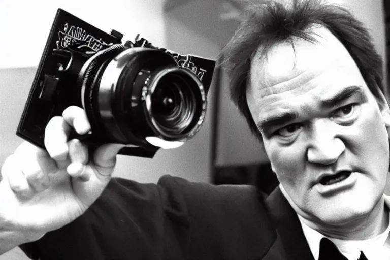 Prompt: Quentin tarantino holding a 16 mm camera