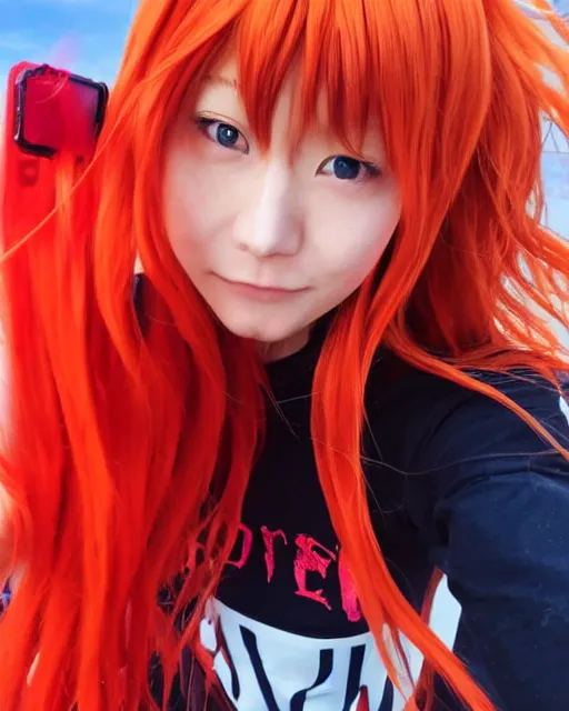 Image similar to asuka langley soryu takes a selfie in real life, asuka langley soryu cosplay, real life photo picture, award winning photograph