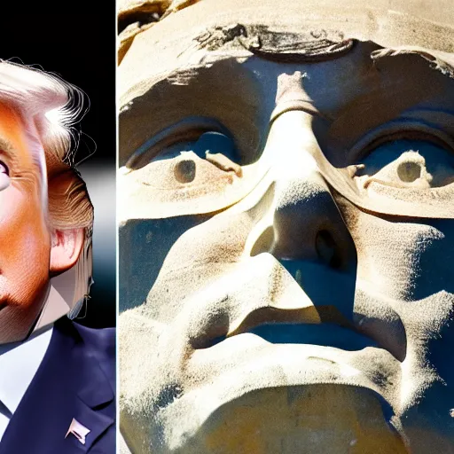 Image similar to donald trump's face carved into the rock on mount rushmore. the photo clearly depicts donald trump's facial features next to other former presidents, at a slightly elevated level, depicting his particular hair style carved into the stone at the mountain top, centered, balances, regal, pensive, powerful, just